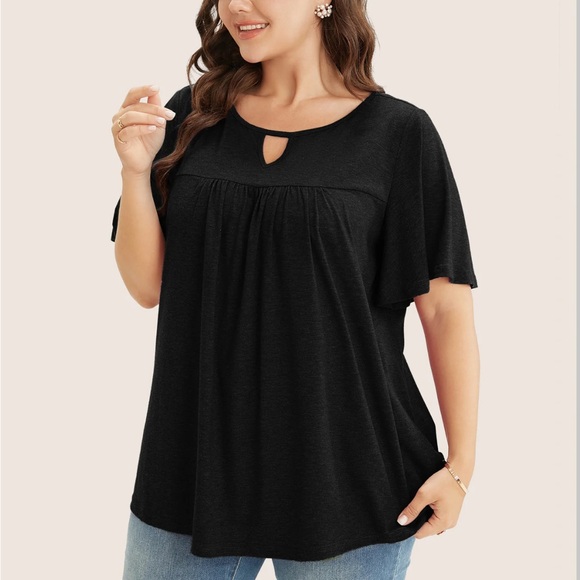 Bloomchic Plain Ruffle Sleeve Keyhole Gathered Crew Neck T-Shirt - Picture 3 of 5